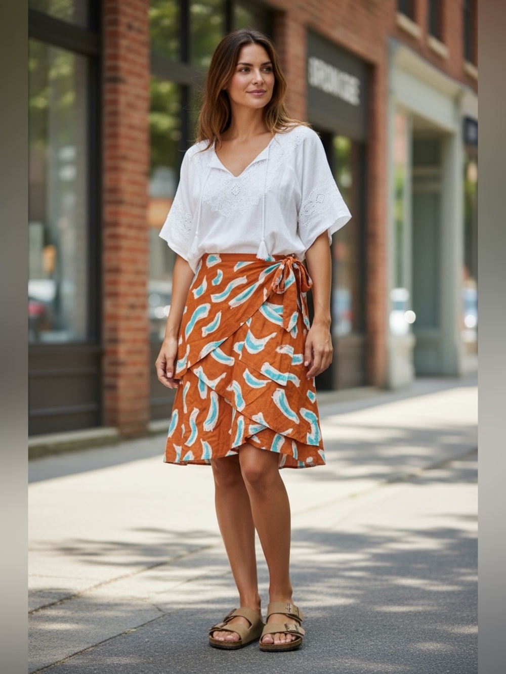 Maeve Anthropologie Boho Orange Wrap Skirt with Teal & Cream Brushstroke Print
